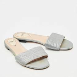 Pre Owned Fendi Grey Satin Logo Embroidered  Flat Slides Size 39.5