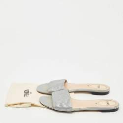 Pre Owned Fendi Grey Satin Logo Embroidered  Flat Slides Size 39.5