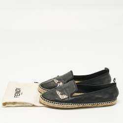 Pre Owned Fendi Black leather and Water Snakeskin Monster Eyes Slip On Espadrilles Size 38.5