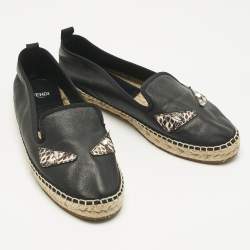 Pre Owned Fendi Black leather and Water Snakeskin Monster Eyes Slip On Espadrilles Size 38.5
