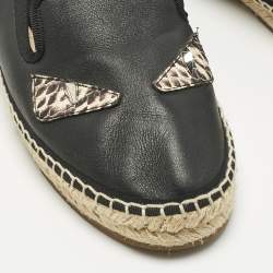Pre Owned Fendi Black leather and Water Snakeskin Monster Eyes Slip On Espadrilles Size 38.5