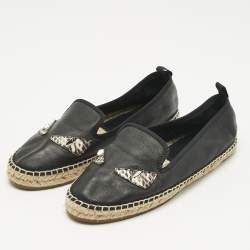 Pre Owned Fendi Black leather and Water Snakeskin Monster Eyes Slip On Espadrilles Size 38.5