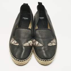 Pre Owned Fendi Black leather and Water Snakeskin Monster Eyes Slip On Espadrilles Size 38.5