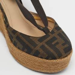 Pre Owned Fendi Black/Brown Zucca Canvas Ankle Tie Wedge Espadrilles Size 37