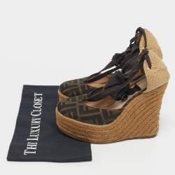 Pre Owned Fendi Black/Brown Zucca Canvas Ankle Tie Wedge Espadrilles Size 37