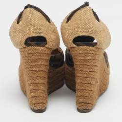 Pre Owned Fendi Black/Brown Zucca Canvas Ankle Tie Wedge Espadrilles Size 37