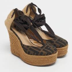 Pre Owned Fendi Black/Brown Zucca Canvas Ankle Tie Wedge Espadrilles Size 37
