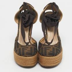 Pre Owned Fendi Black/Brown Zucca Canvas Ankle Tie Wedge Espadrilles Size 37