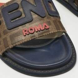 Pre Owned Fendi Multicolor Coated Canvas and Leather Mania Flat Slide Size 36.5