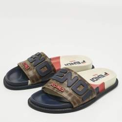Pre Owned Fendi Multicolor Coated Canvas and Leather Mania Flat Slide Size 36.5