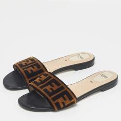 Pre Owned Fendi Two Tone Zucca Velvet Flat Slides Size 38
