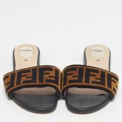 Pre Owned Fendi Two Tone Zucca Velvet Flat Slides Size 38