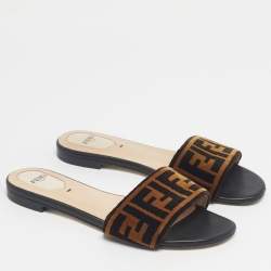 Pre Owned Fendi Two Tone Zucca Velvet Flat Slides Size 38