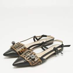 Pre Owned Fendi Black/Brown Leather Buckle Strap Slingback Pointed Sandals Size 40