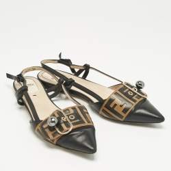 Pre Owned Fendi Black/Brown Leather Buckle Strap Slingback Pointed Sandals Size 40