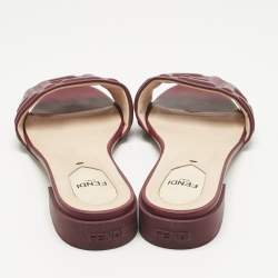 Pre Owned Fendi Burgundy Leather FF Flat Slides Size 38.5