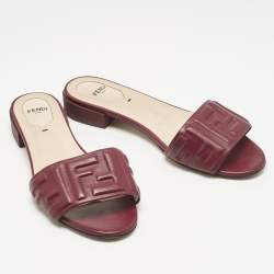 Pre Owned Fendi Burgundy Leather FF Flat Slides Size 38.5