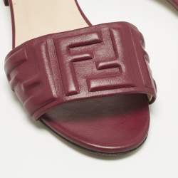 Pre Owned Fendi Burgundy Leather FF Flat Slides Size 38.5