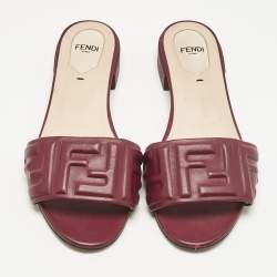 Pre Owned Fendi Burgundy Leather FF Flat Slides Size 38.5