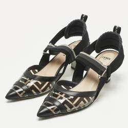 Pre Owned Fendi Black Leather and Zucca PVC Colibri Slingback Pumps Size 38
