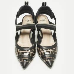 Pre Owned Fendi Black Leather and Zucca PVC Colibri Slingback Pumps Size 38