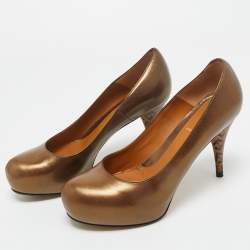 Pre Owned Fendi Metallic Bronze Leather Platform FF Pumps Size 36