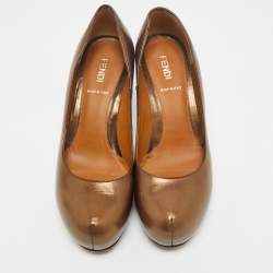 Pre Owned Fendi Metallic Bronze Leather Platform FF Pumps Size 36