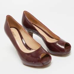 Pre Owned Fendi Burgundy Patent Leather Zucca Print Heel Peep Toe Platform Pumps Size 36