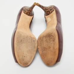 Pre Owned Fendi Burgundy Patent Leather Zucca Print Heel Peep Toe Platform Pumps Size 36