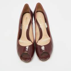 Pre Owned Fendi Burgundy Patent Leather Zucca Print Heel Peep Toe Platform Pumps Size 36