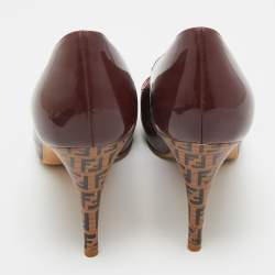 Pre Owned Fendi Burgundy Patent Leather Zucca Print Heel Peep Toe Platform Pumps Size 36