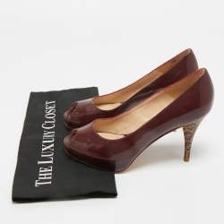 Pre Owned Fendi Burgundy Patent Leather Zucca Print Heel Peep Toe Platform Pumps Size 36