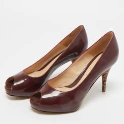 Pre Owned Fendi Burgundy Patent Leather Zucca Print Heel Peep Toe Platform Pumps Size 36