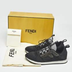 Pre Owned Fendi Black Fabric and Satin Crystal Embellished Lace Up Sneakers Size 37