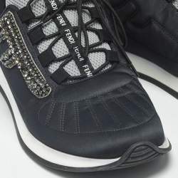Pre Owned Fendi Black Fabric and Satin Crystal Embellished Lace Up Sneakers Size 37