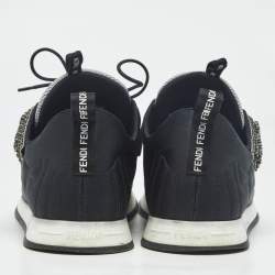 Pre Owned Fendi Black Fabric and Satin Crystal Embellished Lace Up Sneakers Size 37