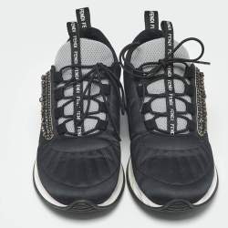 Pre Owned Fendi Black Fabric and Satin Crystal Embellished Lace Up Sneakers Size 37