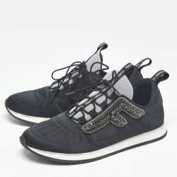 Pre Owned Fendi Black Fabric and Satin Crystal Embellished Lace Up Sneakers Size 37
