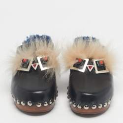 Pre Owned Fendi Black Fur and Leather Monster Clogs Size 37