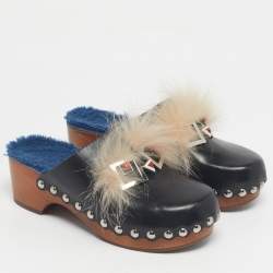 Pre Owned Fendi Black Fur and Leather Monster Clogs Size 37