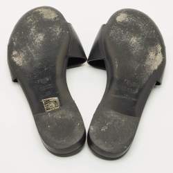 Pre Owned Fendi Black Leather Logo Flat Slides Size 38