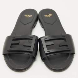 Pre Owned Fendi Black Leather Logo Flat Slides Size 38