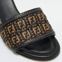 Pre Owned Fendi Black/Brown FF Interlace Leather Slide Sandals Size 38
