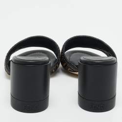 Pre Owned Fendi Black/Brown FF Interlace Leather Slide Sandals Size 38