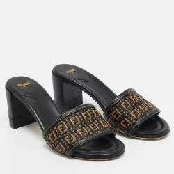 Pre Owned Fendi Black/Brown FF Interlace Leather Slide Sandals Size 38