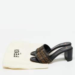 Pre Owned Fendi Black/Brown FF Interlace Leather Slide Sandals Size 38