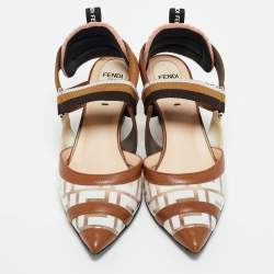 Pre Owned Fendi Brown/White Zucca PVC and Leather Colibri Slingback Pumps Size 37.5