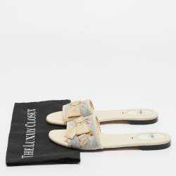 Pre Owned Fendi Grey/Cream Embroidered Knit Fabric Bow Embellished Flat Slides Size 37