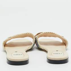 Pre Owned Fendi Grey/Cream Embroidered Knit Fabric Bow Embellished Flat Slides Size 37