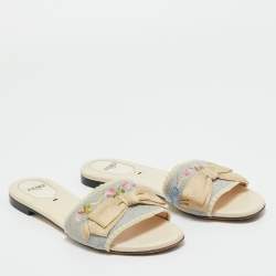 Pre Owned Fendi Grey/Cream Embroidered Knit Fabric Bow Embellished Flat Slides Size 37